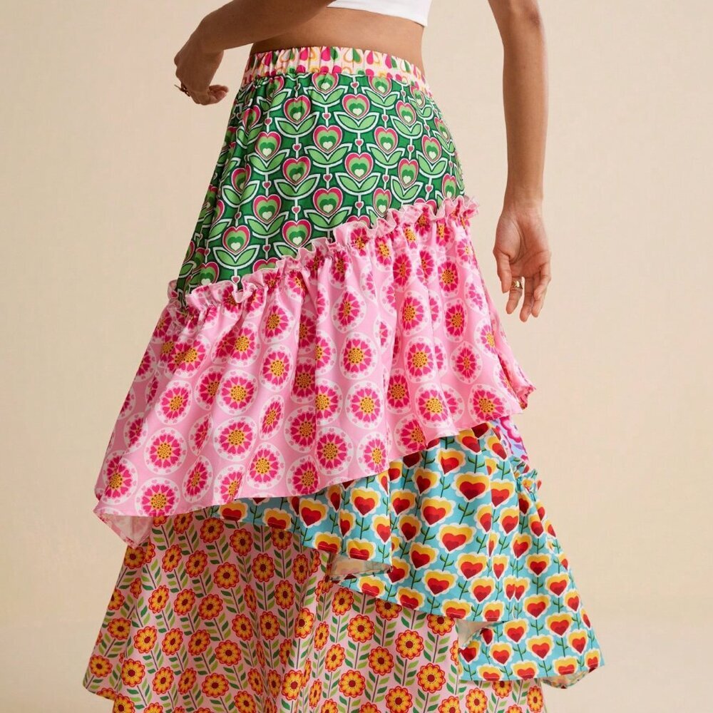Multicolor Boho Women's Patchwork Asymmetric A-Line Floral Tiered Skirt - Picture 2 of 7